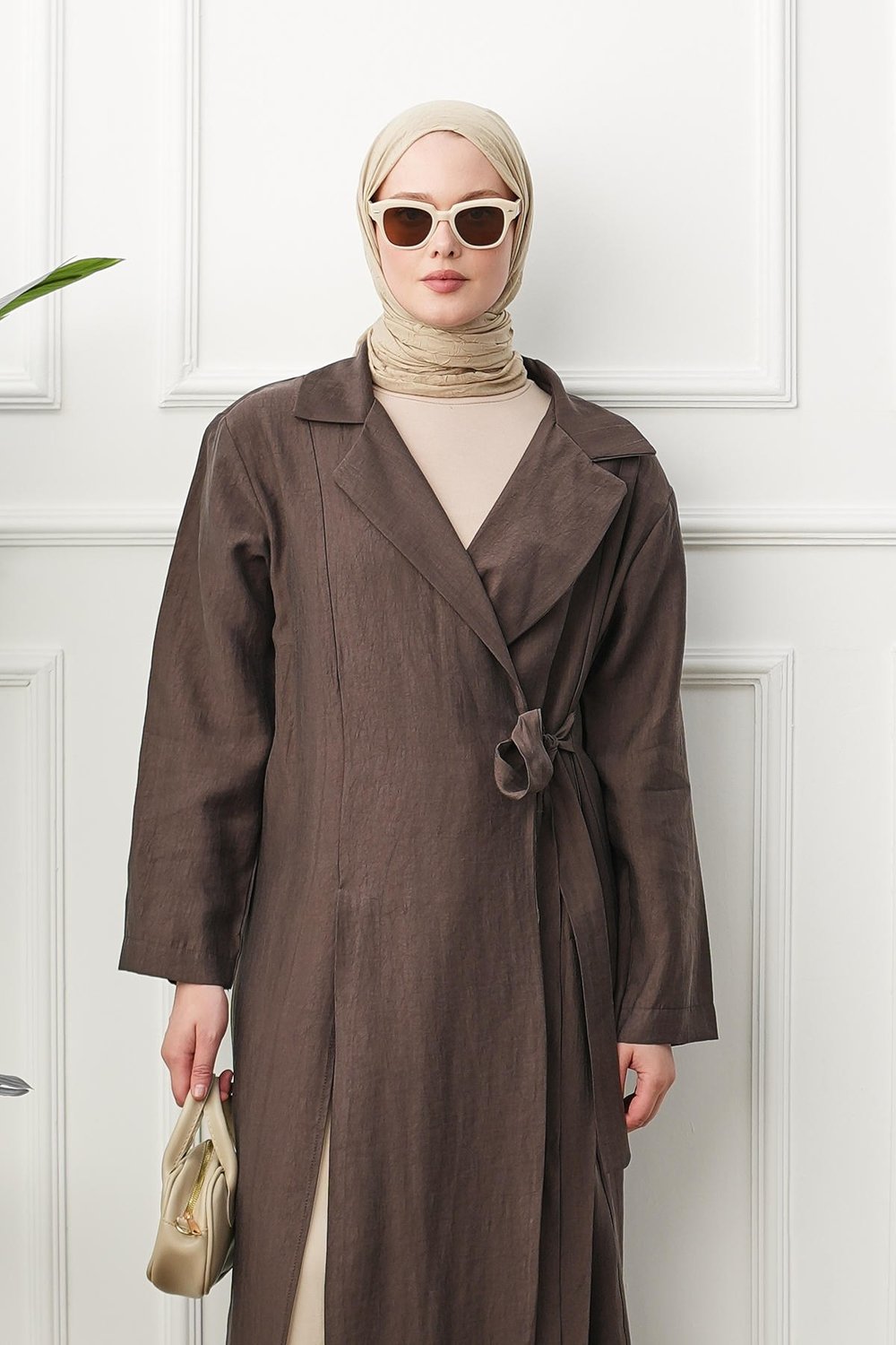 Gömlek Yaka Yırtmaçlı Kimono Kap - Kahverengi