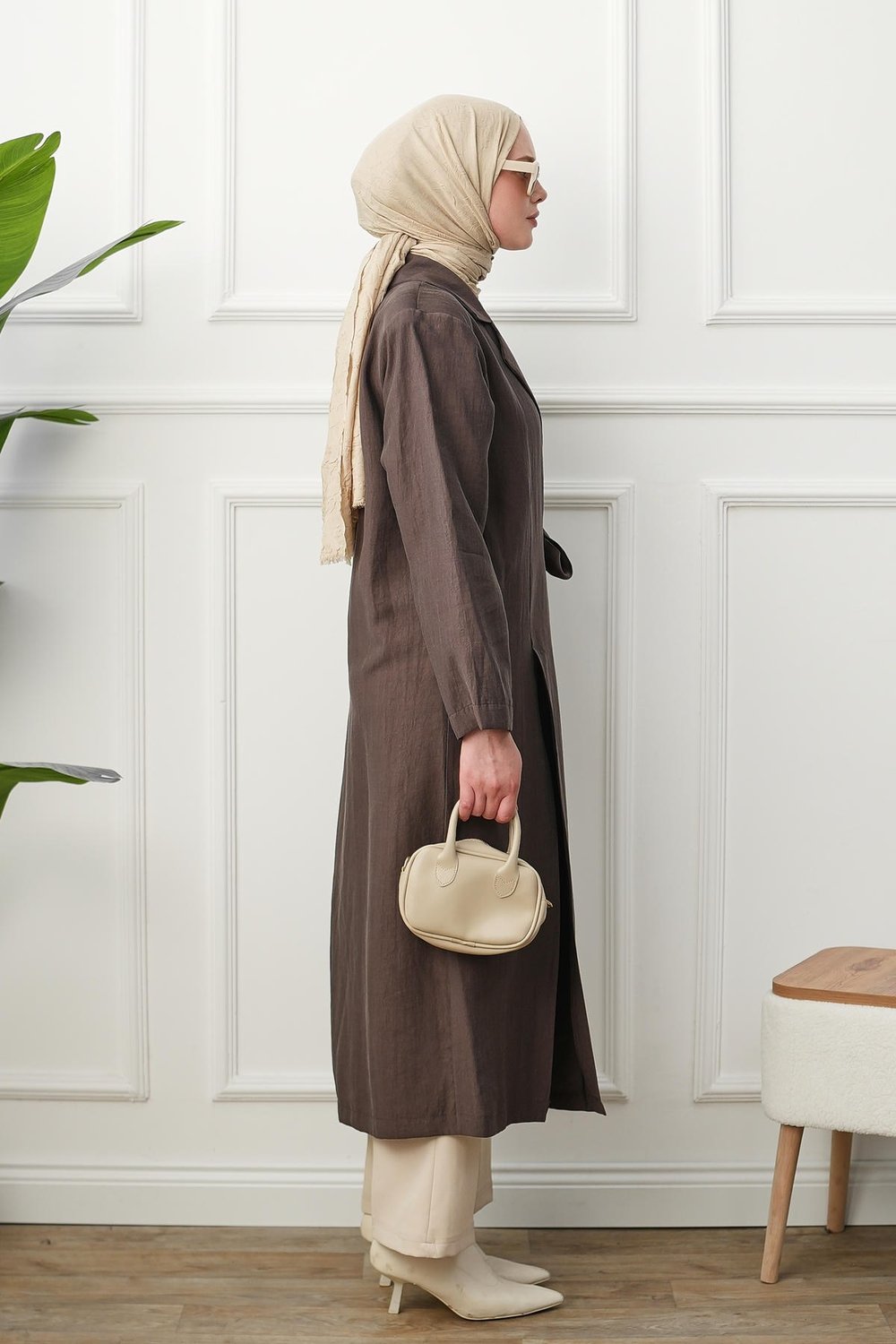 Gömlek Yaka Yırtmaçlı Kimono Kap - Kahverengi