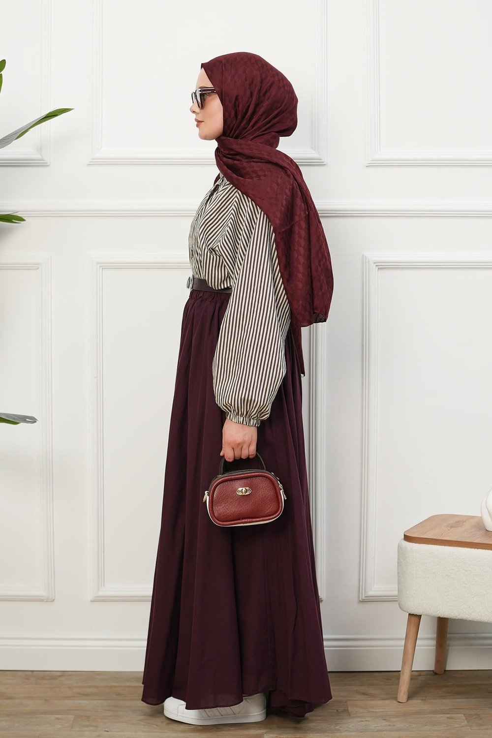 Kemerli Astarlı Vual Etek - Bordo
