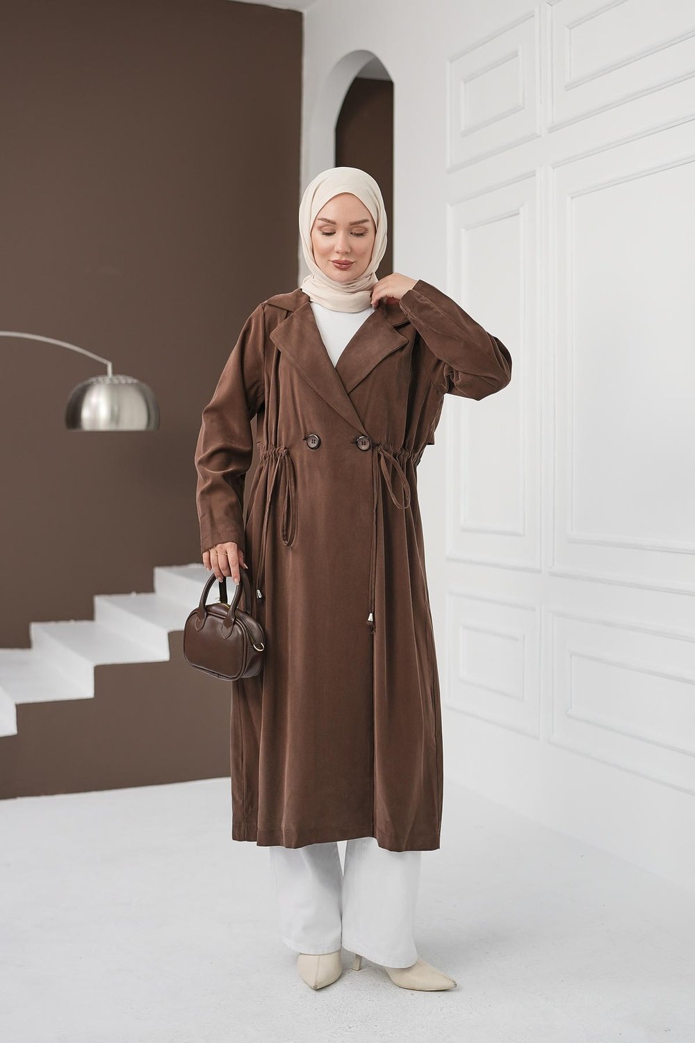 Şal Yaka İpli Tencel Kap - Acı Kahve