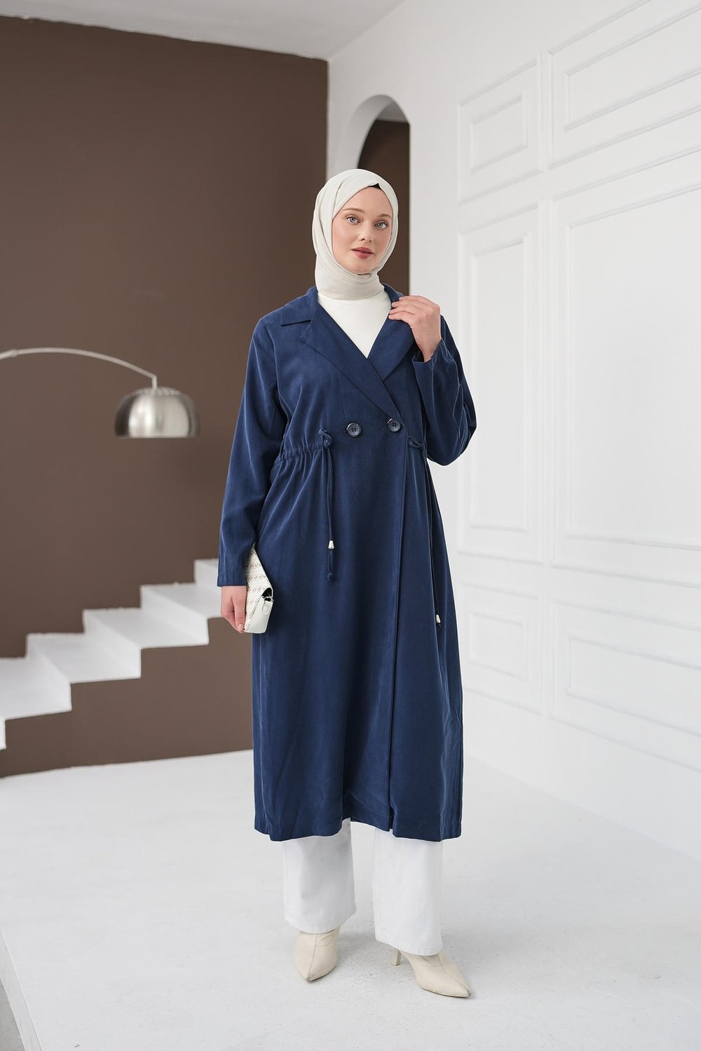Şal Yaka İpli Tencel Kap - Mavi