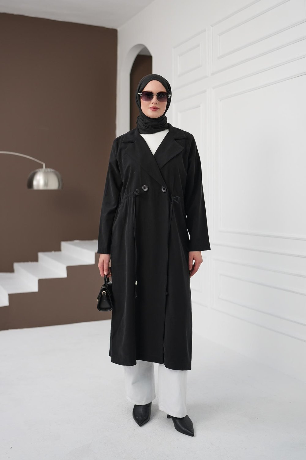Şal Yaka İpli Tencel Kap - Siyah