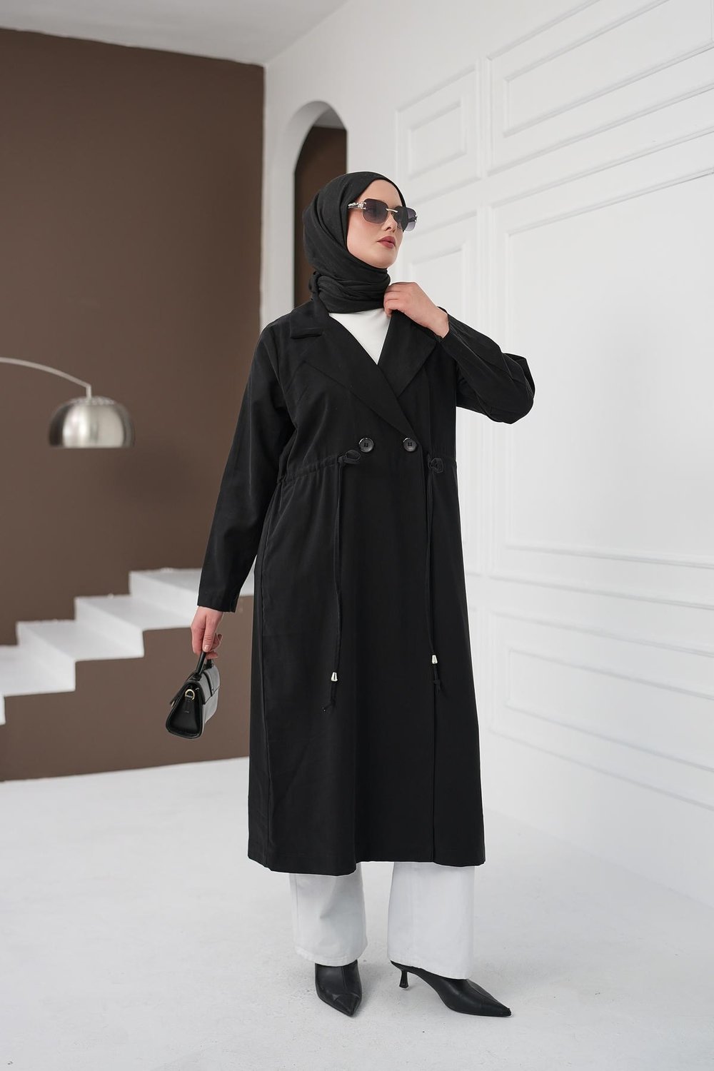 Şal Yaka İpli Tencel Kap - Siyah