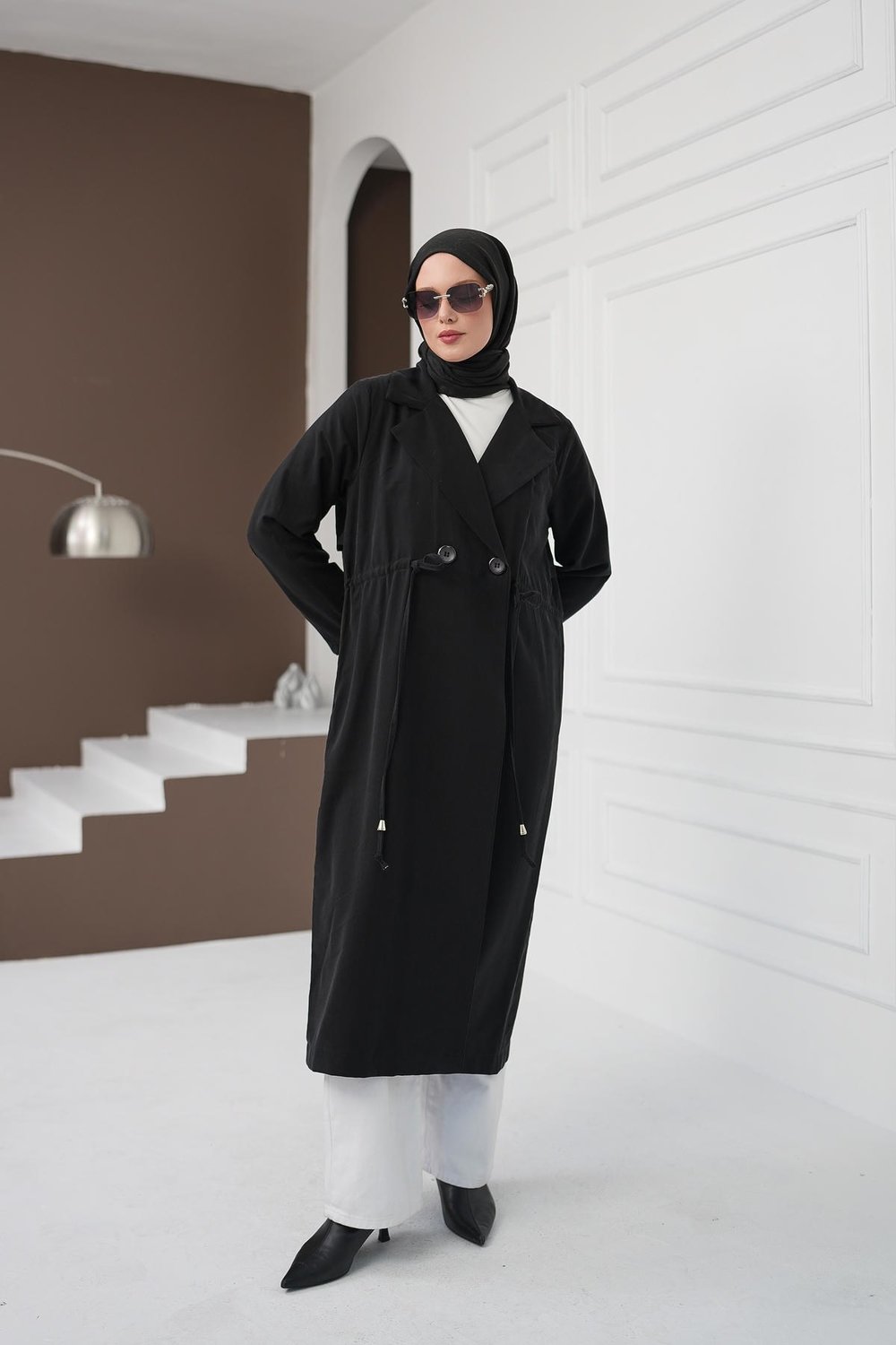 Şal Yaka İpli Tencel Kap - Siyah