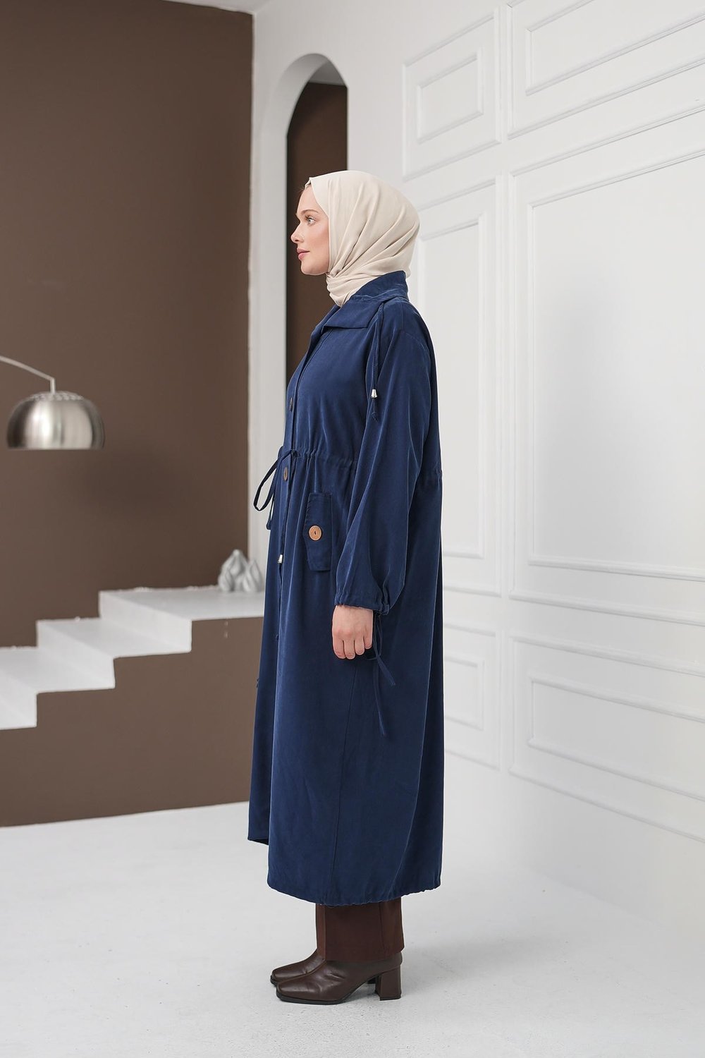 Yaka Detaylı Büzgülü Tencel Kap - Lacivert