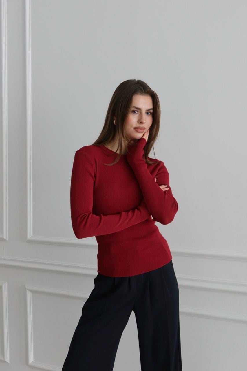 Bilekten Geçmeli Basic Triko Bluz Bordo