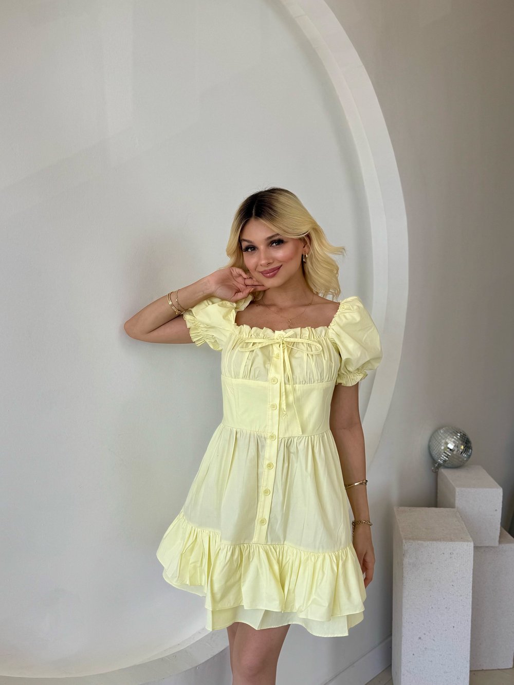 Sarı Kabarık Kol Ve Düğme Detaylı Elbise