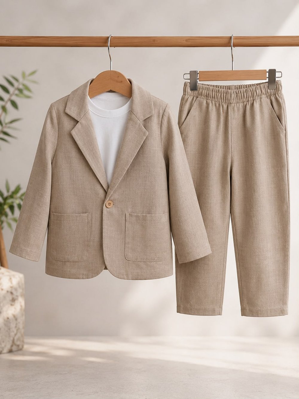 Erkek Çocuk Keten Blazer Ceket Pantolon ve Tshirtlü 3 lü Takım