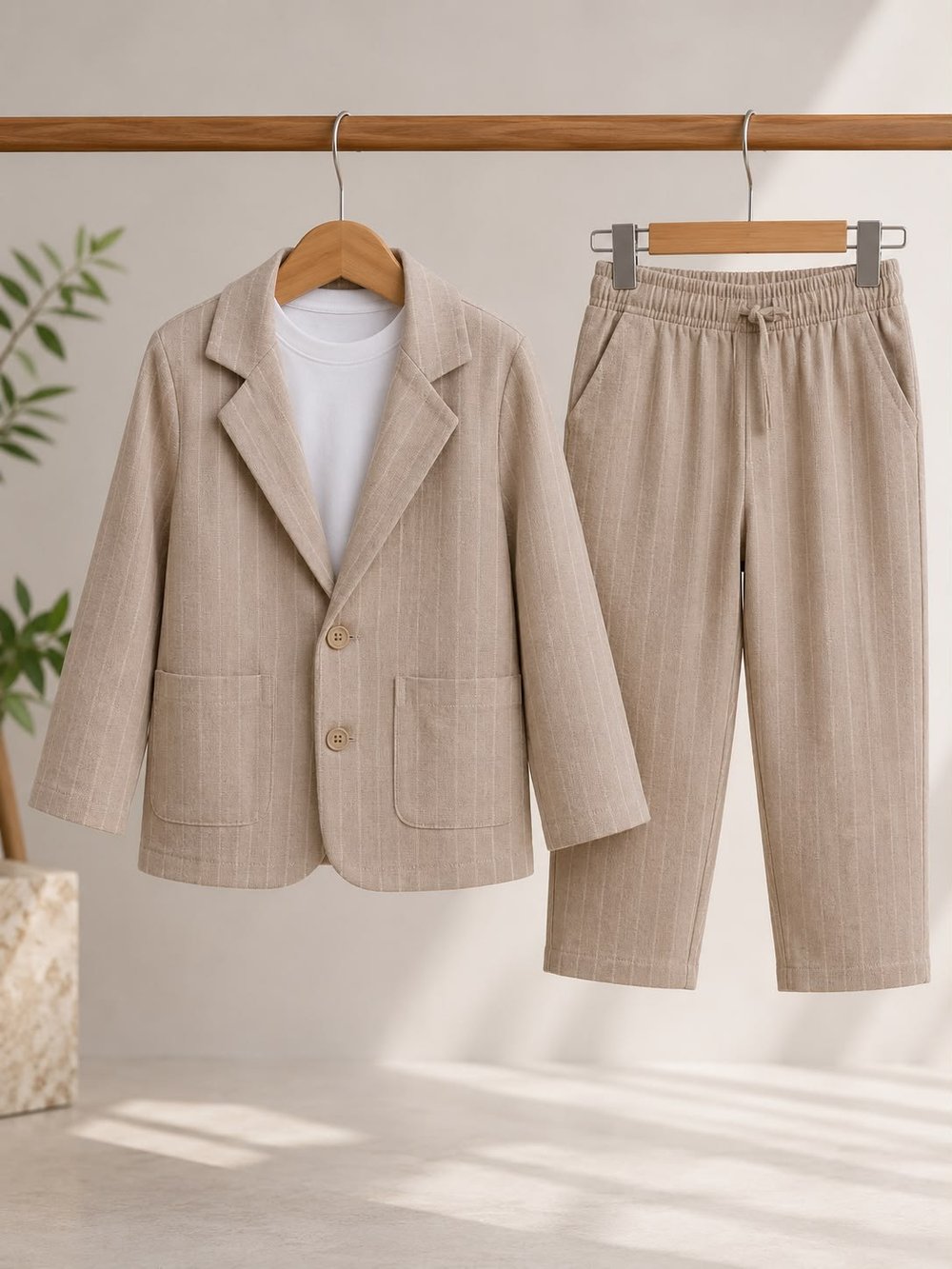 Erkek Çocuk Keten Çizgili Blazer Ceket Pantolon ve Tshirtlü 3 lü Takım