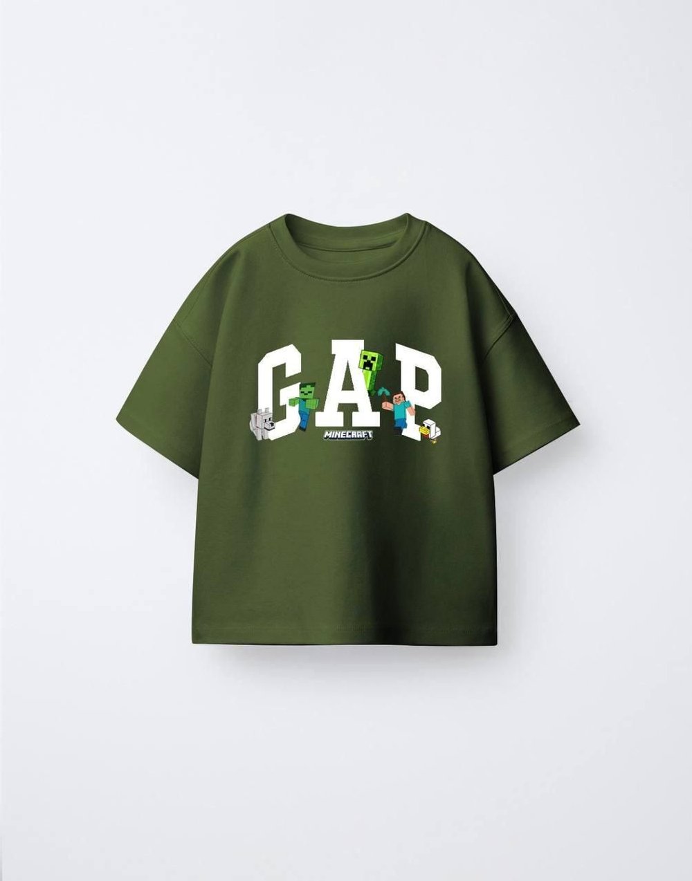 Erkek Çocuk Minecraft Ön Arka Baskılı Oversize Tshirt Haki