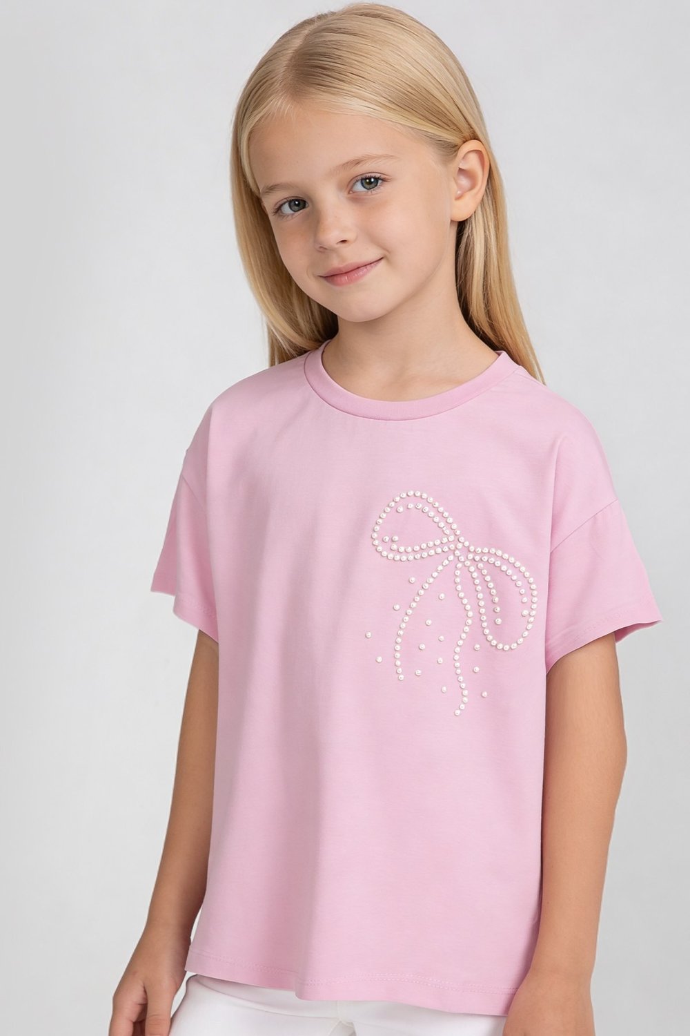 Kız Çocuk İncili Fiyonk Detaylı Tshirt Pembe