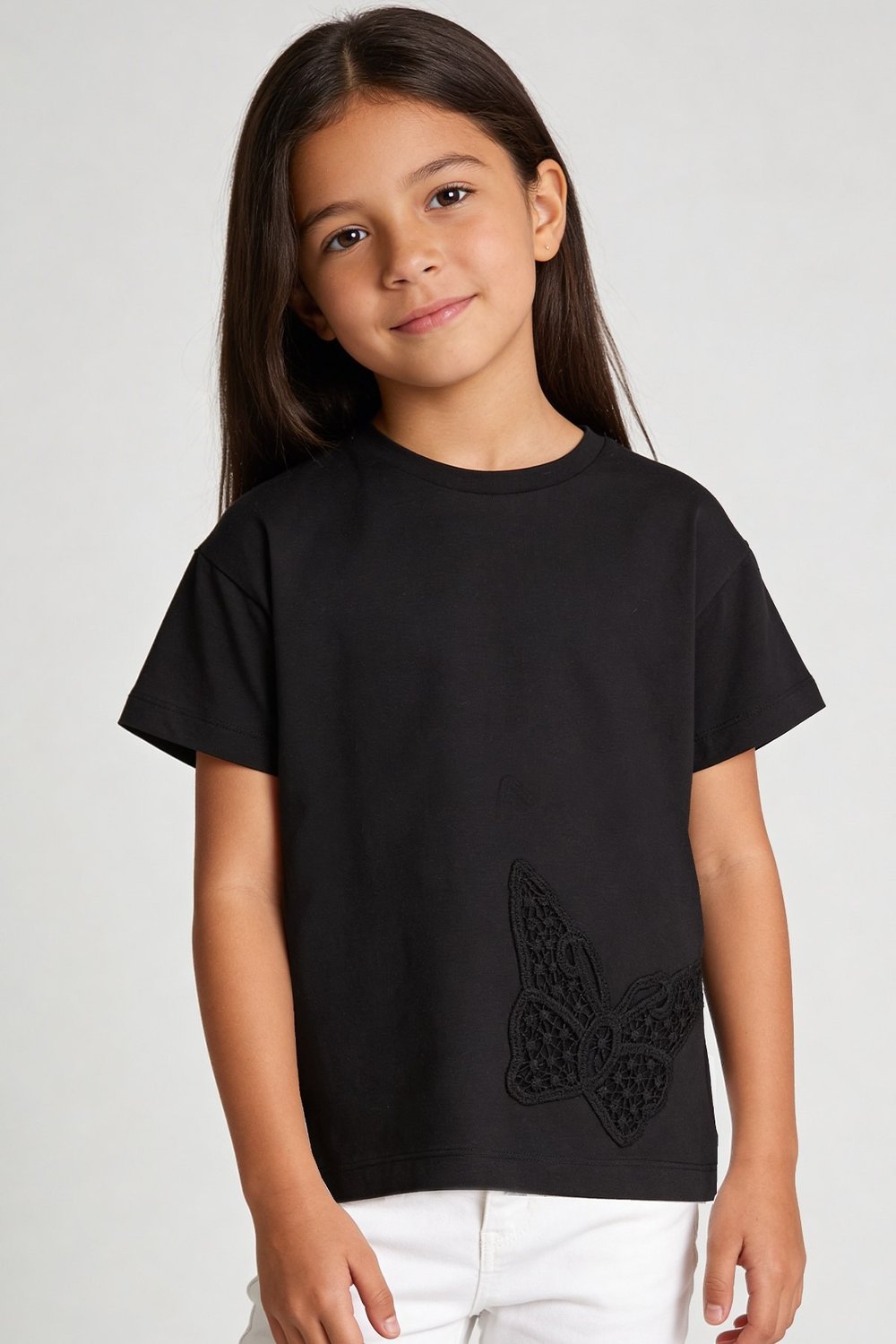 Kız Çocuk Kelebek Dantel Detaylı Tshirt Siyah