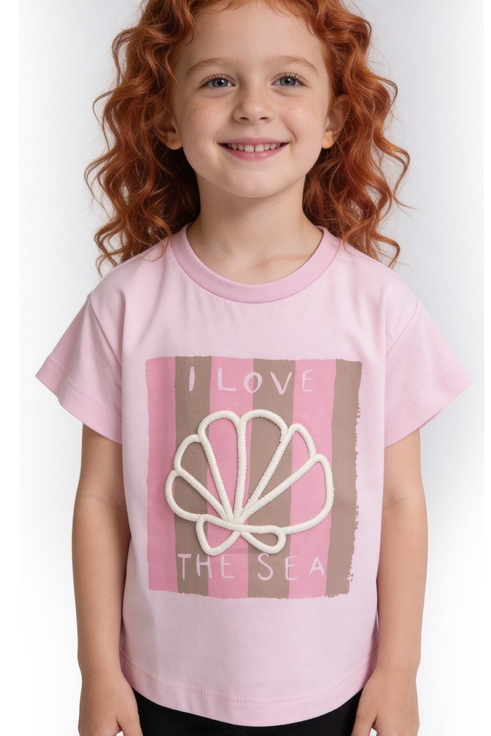 Kız Çocuk Midye Nakışlı Şık Tshirt Pembe