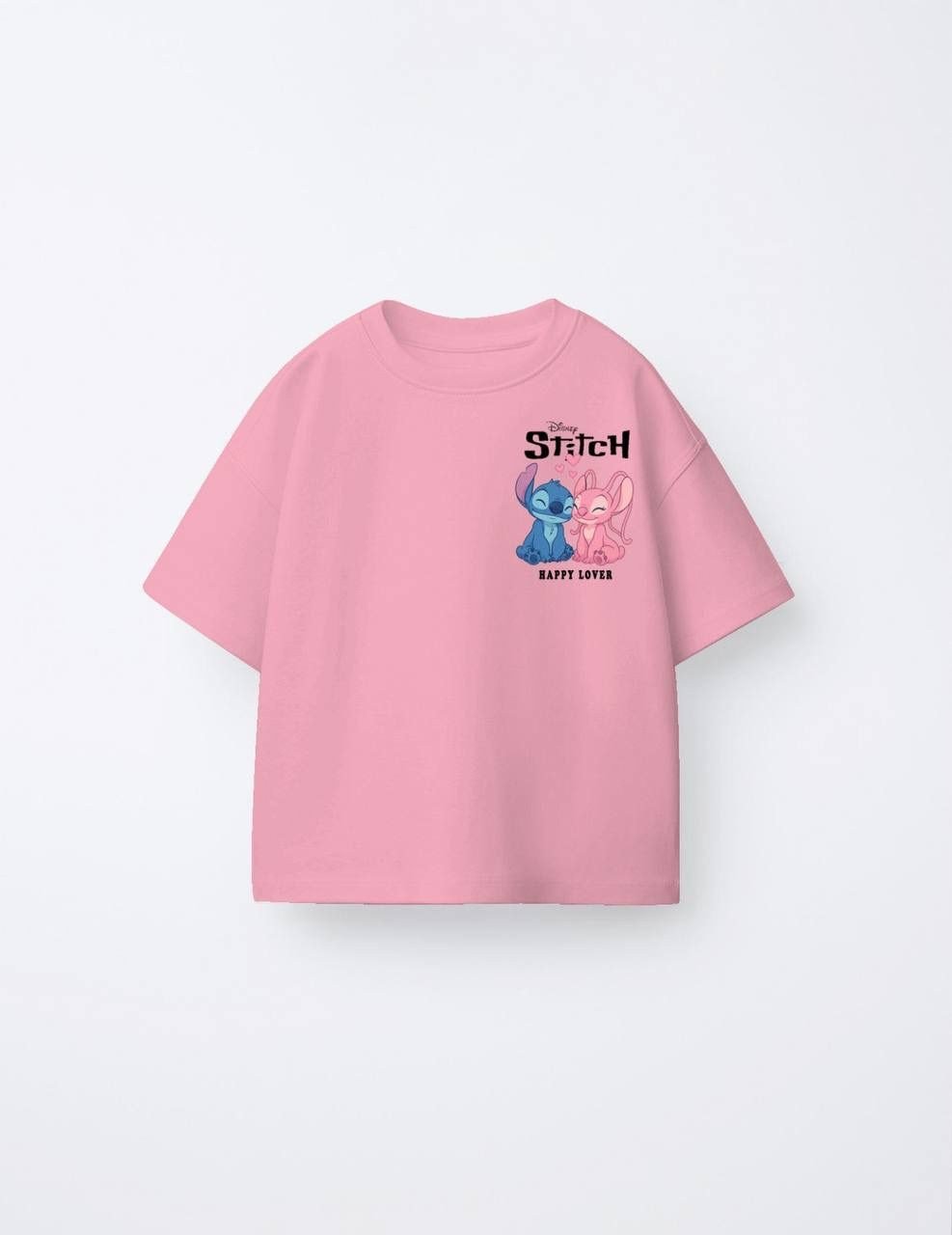 Kız Çocuk Stitch Ön Arka Baskılı Oversize Tshirt Pembe