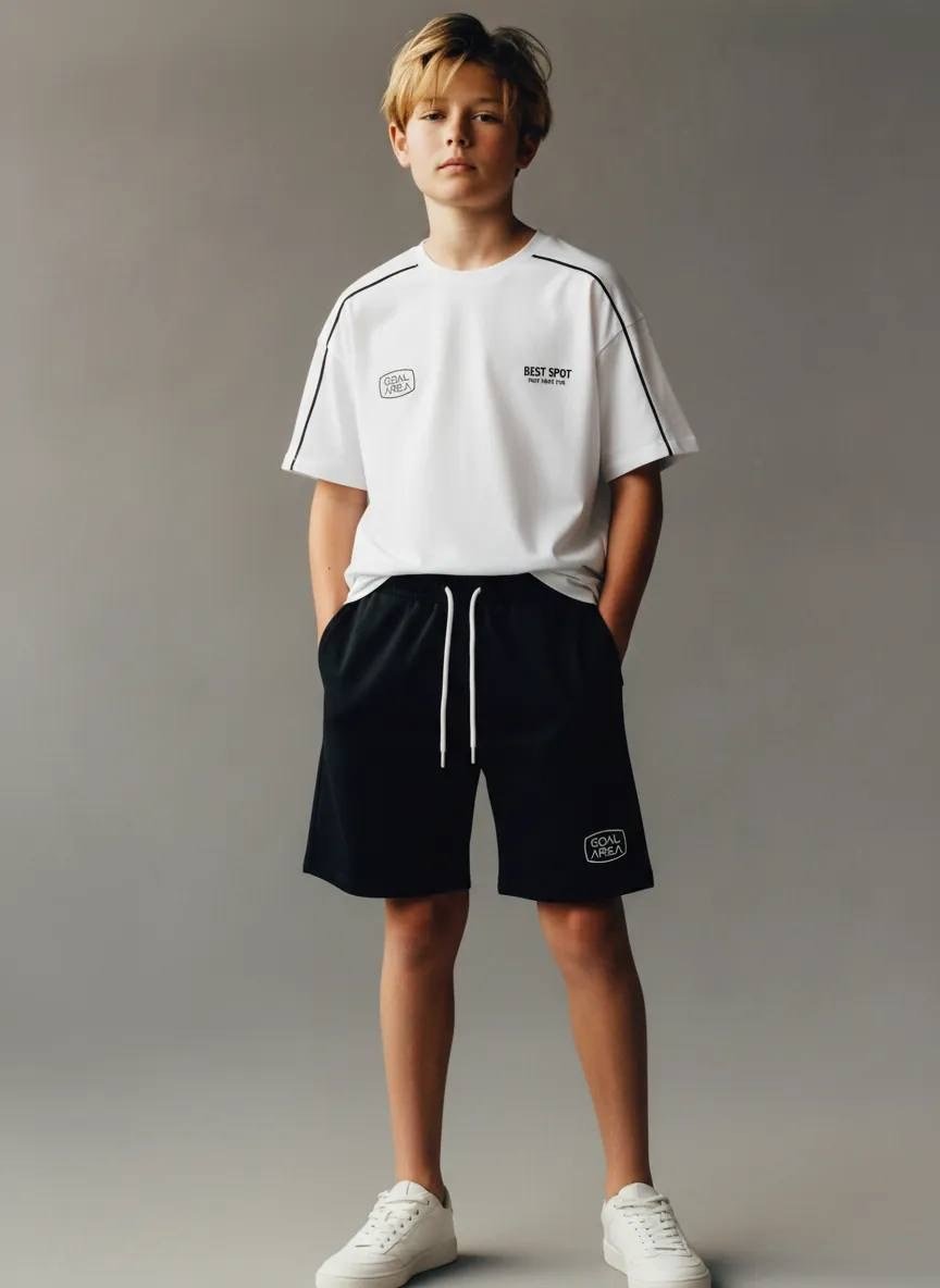 Oversize Biyeli Erkek çocuk İkili Takım Beyaz
