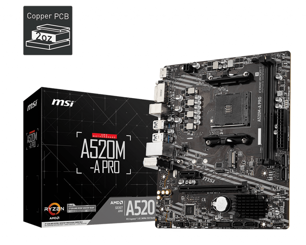 MSI A520M-A PRO DDR4 4600MHZ 1XHDMI 1XDVI 1XM.2 USB 3.2 MATX AM4 (AMD AM4 5000/4000 /3000 SERİSİ İLE UYUMLU)