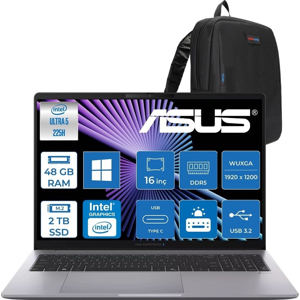Asus Expertbook P3 G1 P3606CCA Intel® Core™ Ultra 5 225H Aı 48GB Ddr5 2tb SSD Intel® Graphics 16.0-Inch, Wuxga (1920 x 1200) 300NITS WIN11PRO Bilgisayar U516512G1DP19+ZETTAÇANTA