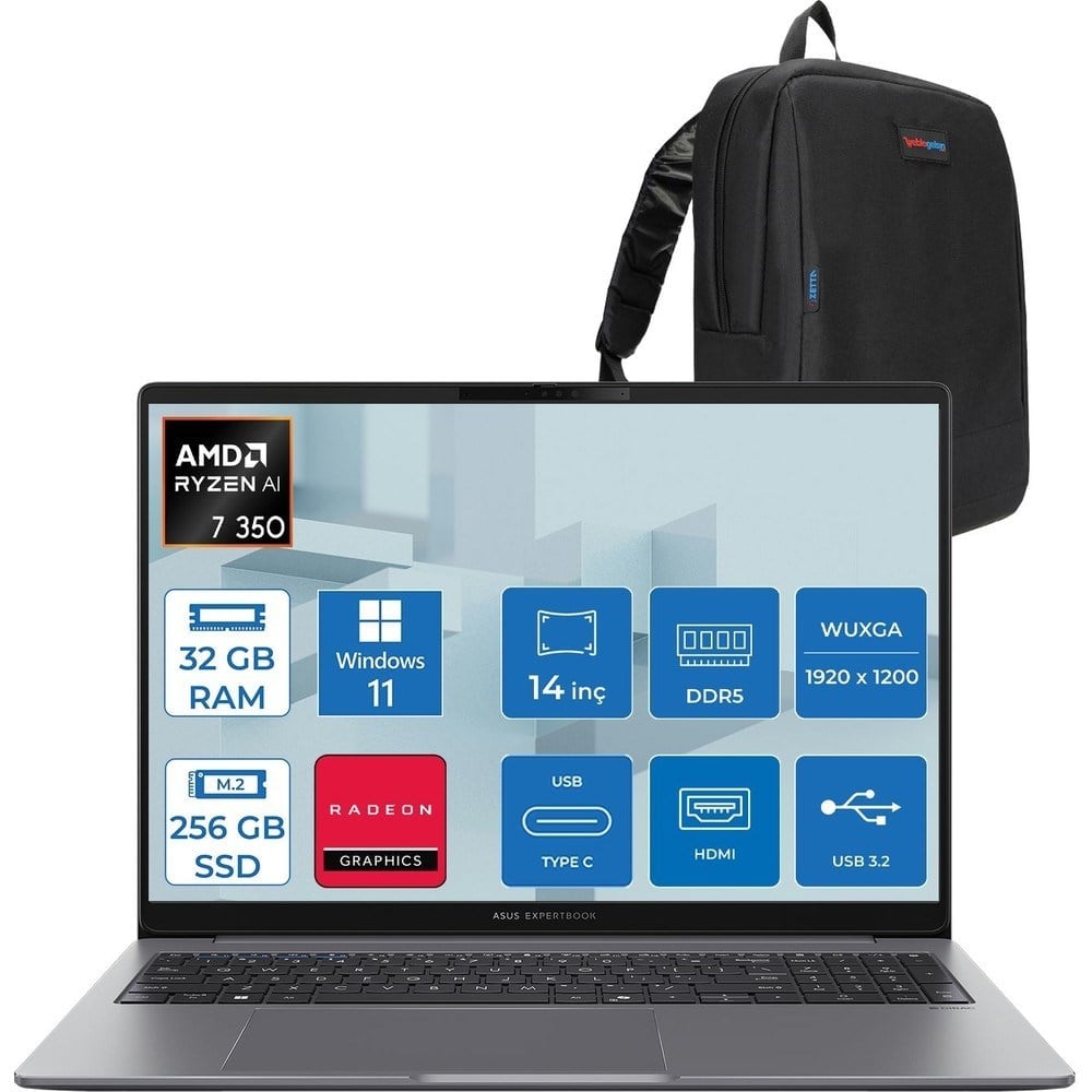 Asus Expertbook P3 PM3406CKA Ryzen Aı 7-350 32GB Ddr5 256GB SSD Radeon 860M 14.0-Inch, Wuxga (1920 x 1200) 300NITS WIN11HOME Taşınabilir Bilgisayar PM3406CKAH06+ZETTAÇANTA