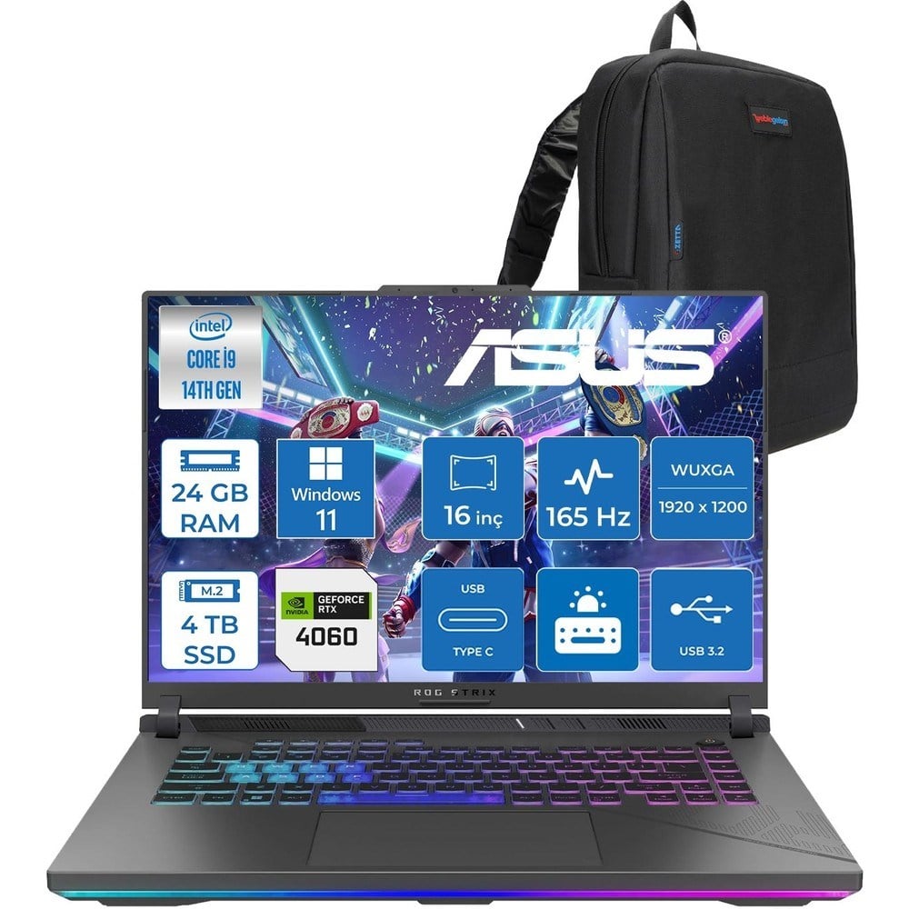 Asus Rog Strix G16 G614JVR 14. Nesil Intel I9-14900HX 24GB Ddr5 4tb SSD RTX4060/8GB 140W 16 Inç (1920 x 1200, Wuxga) 165Hz IPS WIN11HOME Gaming Bilgisayar WN3095H10+ZETTAÇANTA