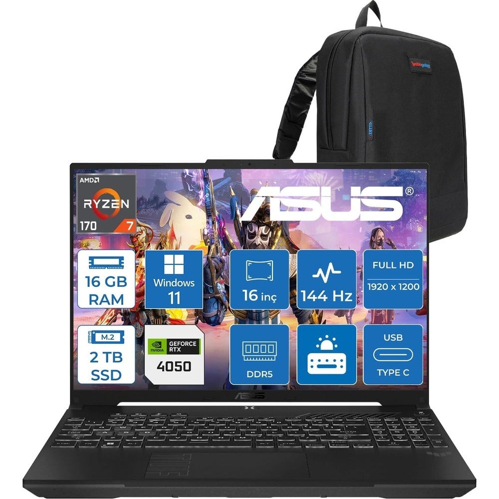 Asus Tuf Gaming A16 (FA607NUQ-GAMING) Amd Ryzen™ 7 170 16GB Ddr5 2tb SSD RTX4050/6GB 140W 16″/fhd+ 16:10 (1920 x 1200, Wuxga) 300 Nits, 144Hz, WIN11PRO Taşınabilir Bilgisayar RL028P04+ZETTAÇANTA