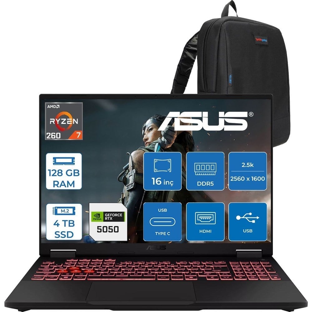 Asus Tuf Gaming A16 FA608UH Ryzen 7 260 Aı 128GB Ddr5 4tb SSD 16-Inch 8GB/RTX5050 115W, 1920 x 1200, Wuxga SRGB:100% 165Hz 3ms IPS Freedos Gaming Laptop ZRV099WF55+ZETTAÇANTA