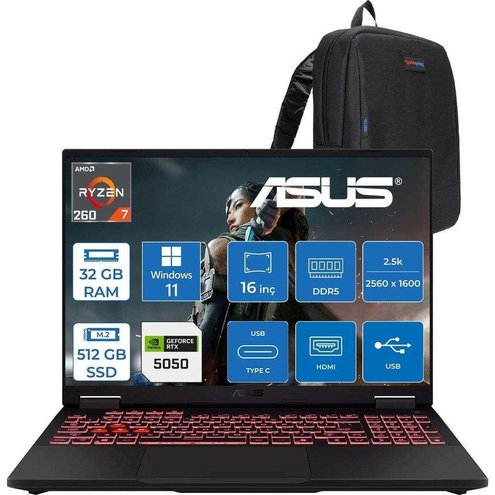 Asus Tuf Gaming A16 FA608UH Ryzen 7 260 Aı 32GB Ddr5 512GB SSD 16-Inch 8GB/RTX5050 115W, 1920 x 1200, Wuxga SRGB:100% 165Hz 3ms IPS WINDOWS11PRO Gaming Laptop ZRV099WP09+ZETTAÇANTA