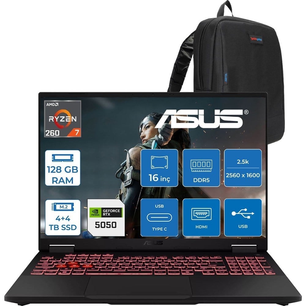 Asus Tuf Gaming A16 FA608UH Ryzen 7 260 Aı 128GB Ddr5 4tb SSD +4tb SSD 16-Inch 8GB/RTX5050 115W, 1920 x 1200, Wuxga SRGB:100% 165Hz 3ms IPS Freedos Gaming Laptop ZRV099WF56+ZETTAÇANTA