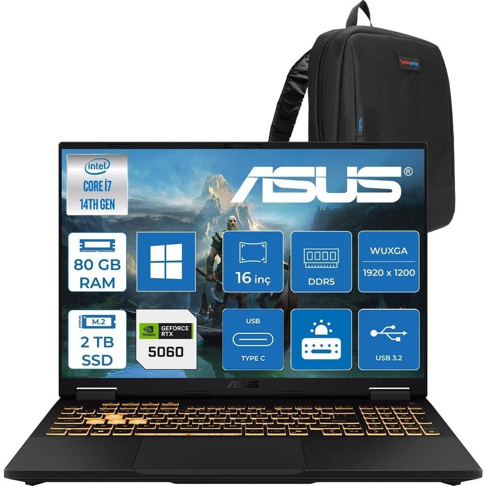 Asus Tuf Gaming F16 FX608JMI Intel® Core™ I7 14650HX 80GB Ddr5 2tb SSD 8GB/RTX5060 115W 16-Inch Fhd+ 1920 x 1200, 144Hz IPS-SRGB:100% WINDOWS11PRO Gaming Laptop WTU403P37+ZETTAÇANTA