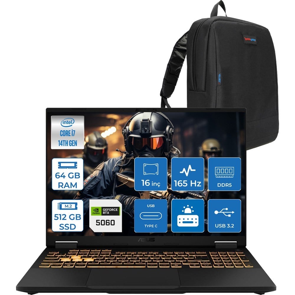 Asus Tuf Gaming F16 FX608JMR 14. Nesil Intel I7-14650HX 64GB Ddr5 512GB SSD 8GB/RTX5060 115W 165Hz 16