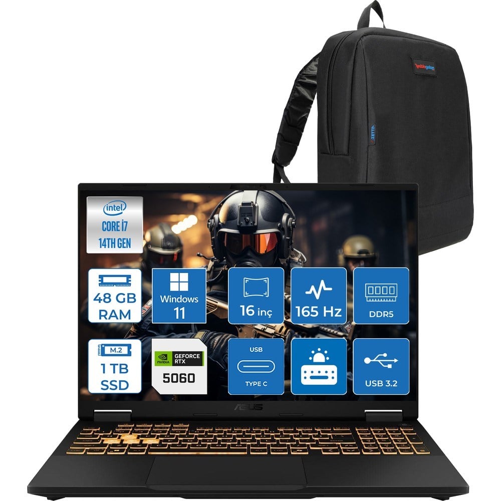Asus Tuf Gaming F16 FX608JMR 14. Nesil Intel I7-14650HX 48GB Ddr5 1tb SSD 8GB/RTX5060 115W 165Hz 16