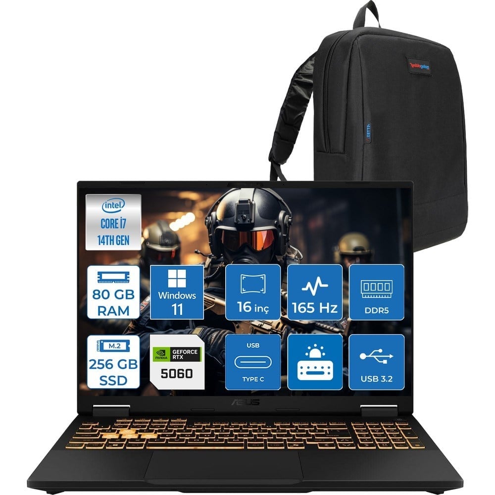 Asus Tuf Gaming F16 FX608JMR 14. Nesil Intel I7-14650HX 80GB Ddr5 256GB SSD 8GB/RTX5060 115W 165Hz 16