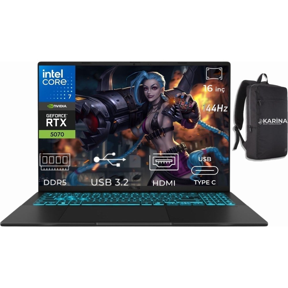 Asus V16 Intel Core 7 240H V3607VP-RP055-K01 32GB 512GB RTX5070-8GB Freedos 16'' Wuxga 144Hz Freedos Taşınabilir Bilgisayar