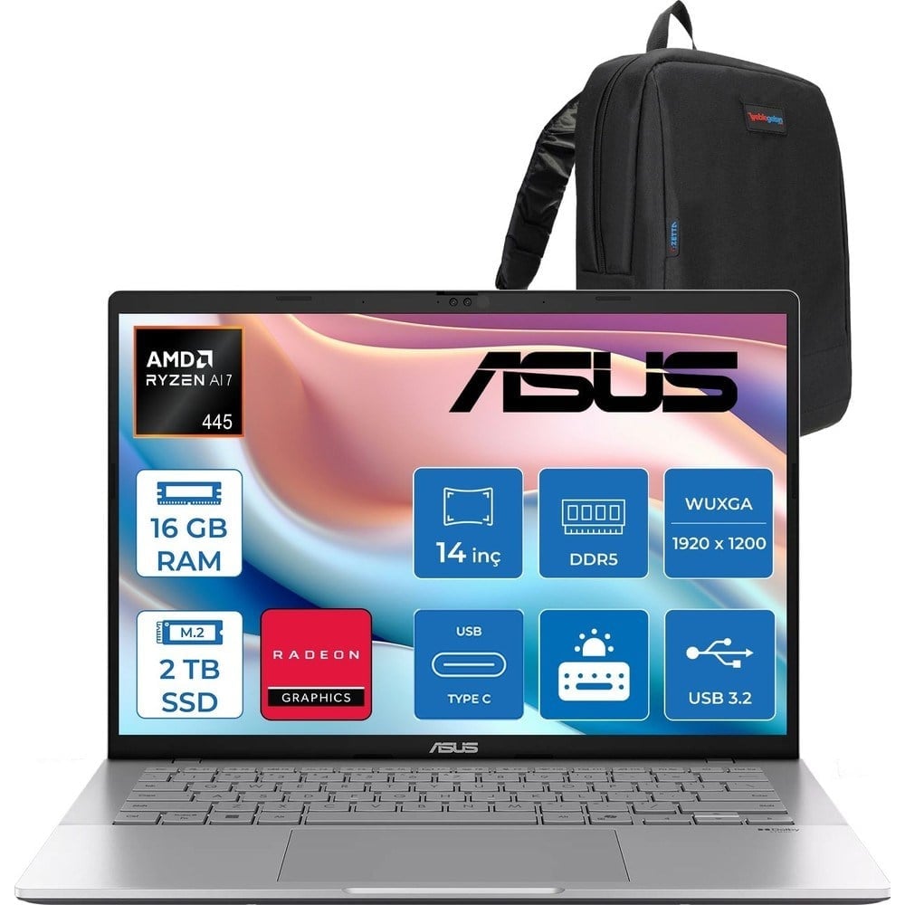 Asus Vivobook M3407GA Amd Ryzen Aı 7 445 Aı 16GB Ddr5 2tb SSD 14.0-Inch, Wuxga (1920 x 1200) OLED 0.2ms 300NITS Freedos Taşınabilir Bilgisayar WSF013F04+ZETTAÇANTA