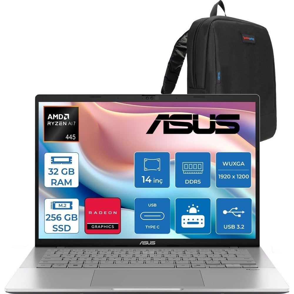 Asus Vivobook M3407GA Amd Ryzen Aı 7 445 Aı 32GB Ddr5 256GB SSD 14.0-Inch, Wuxga (1920 x 1200) OLED 0.2ms 300NITS Freedos Taşınabilir Bilgisayar WSF013F11+ZETTAÇANTA