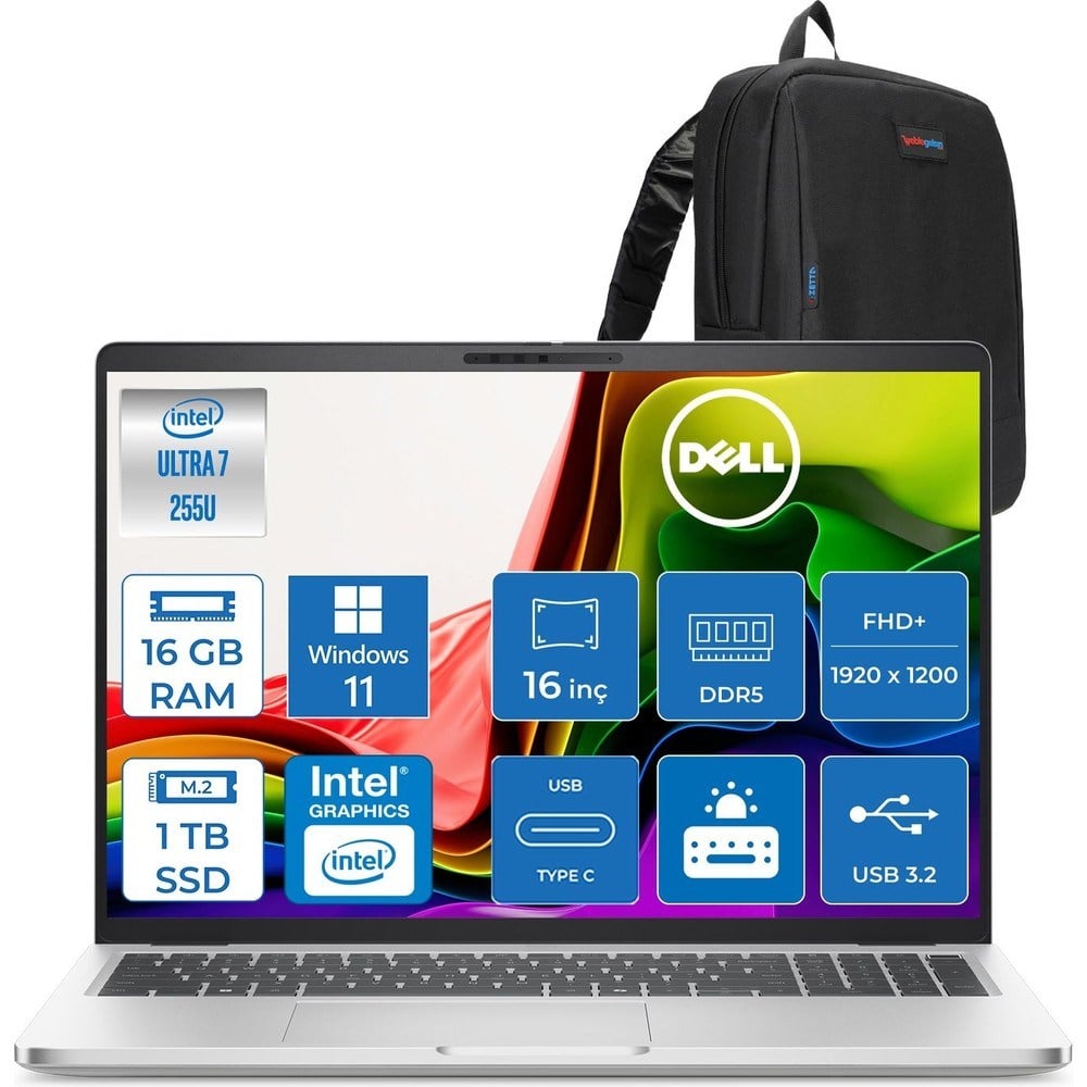 Dell Pro 16 Intel Core Ultra 7 255U 5.2ghz 16GB Ddr5 1tb SSD Windows 11 Pro Intel® Aı Boost 16 Inç IPS Fullhd+ (1920X1200) Taşınabilir Bilgisayar PC16250BTO107P03 + Zetta Çanta