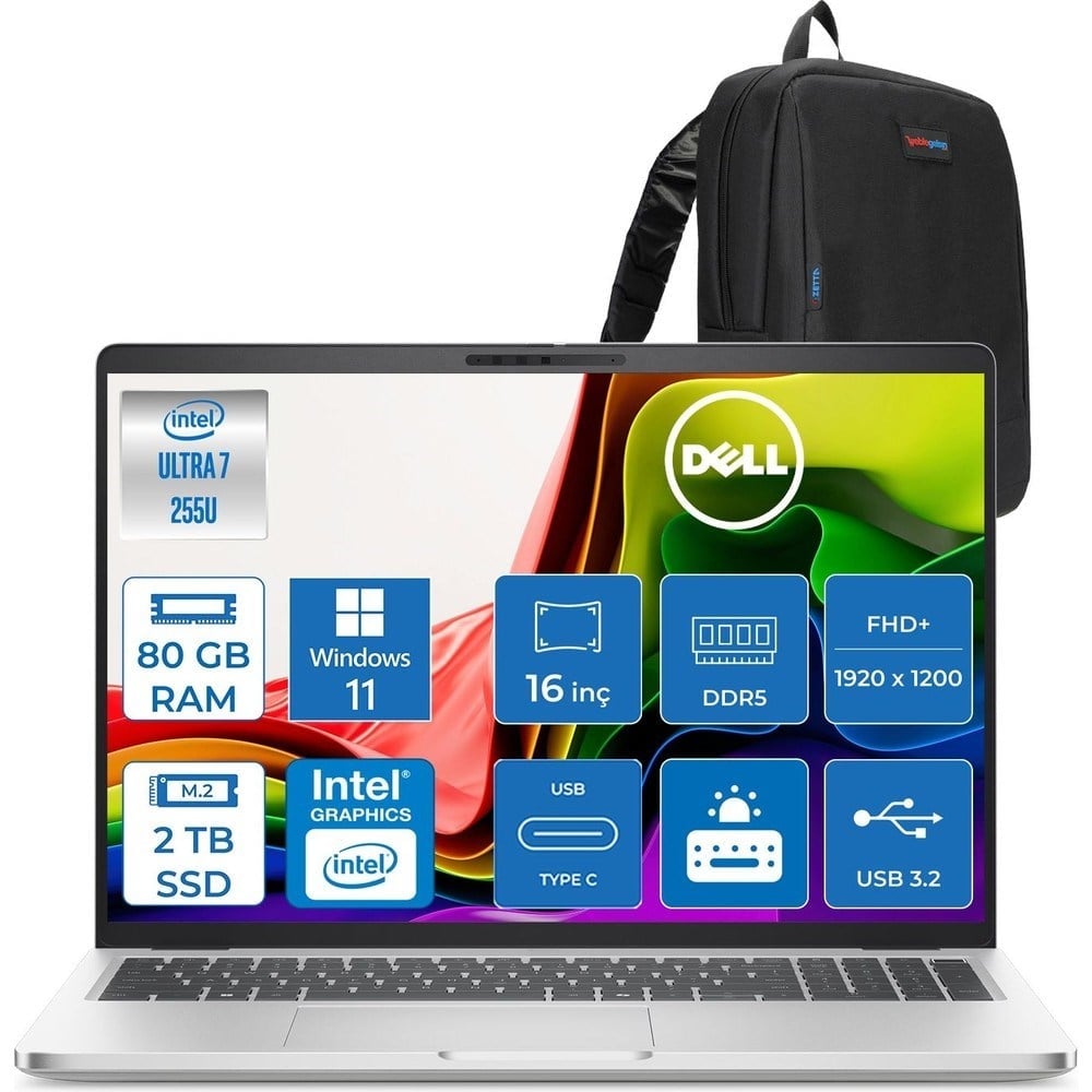 Dell Pro 16 Intel Core Ultra 7 255U 5.2ghz 80GB Ddr5 2tb SSD Windows 11 Pro Intel® Aı Boost 16 Inç IPS Fullhd+ (1920X1200) Taşınabilir Bilgisayar PC16250BTO107P34 + Zetta Çanta