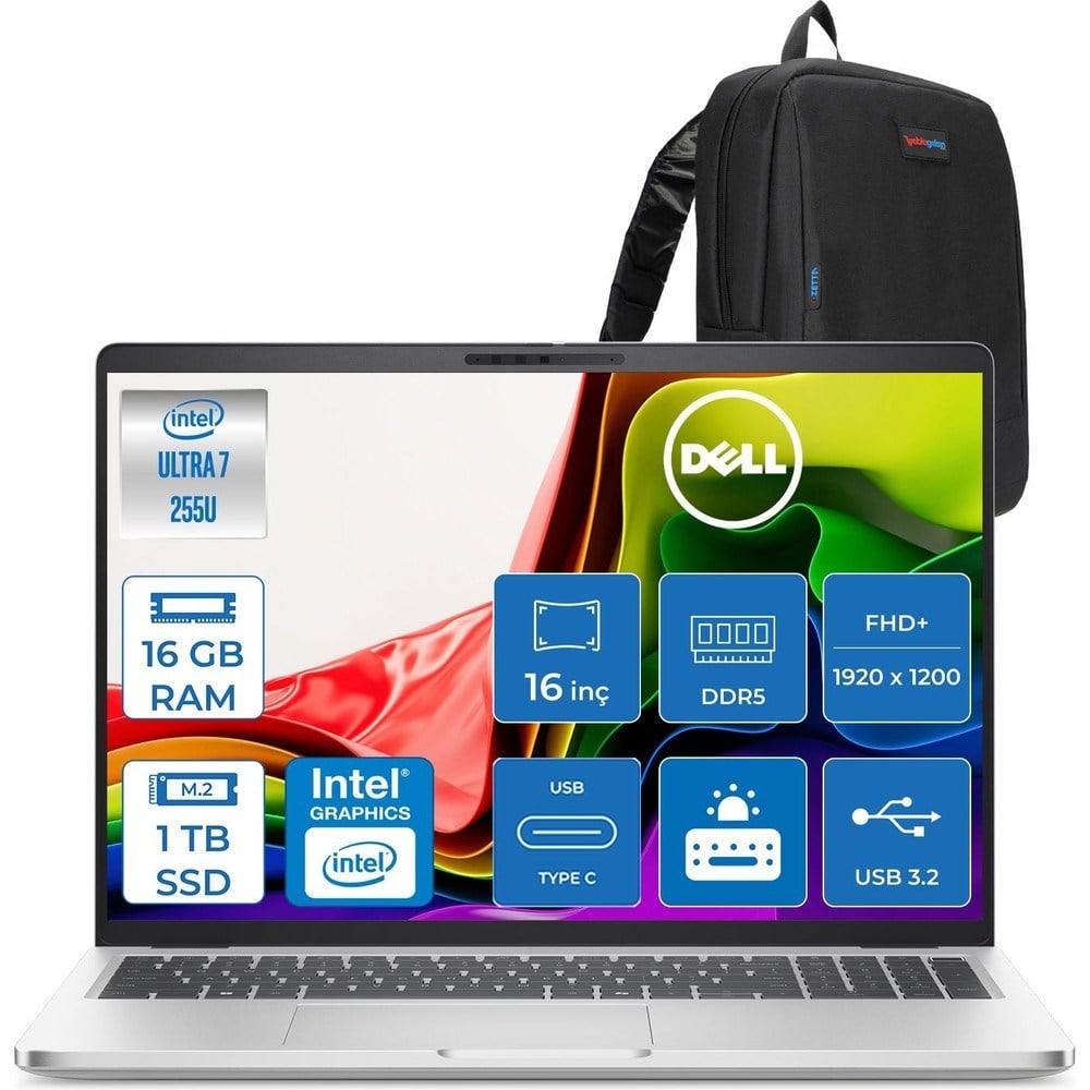 Dell Pro 16 Intel Core Ultra 7 255U 5.2ghz 16GB Ddr5 1tb SSD Freedos Intel® Aı Boost 16 Inç IPS Fullhd+ (1920X1200) Taşınabilir Bilgisayar PC16250BTO107F03 + Zetta Çanta