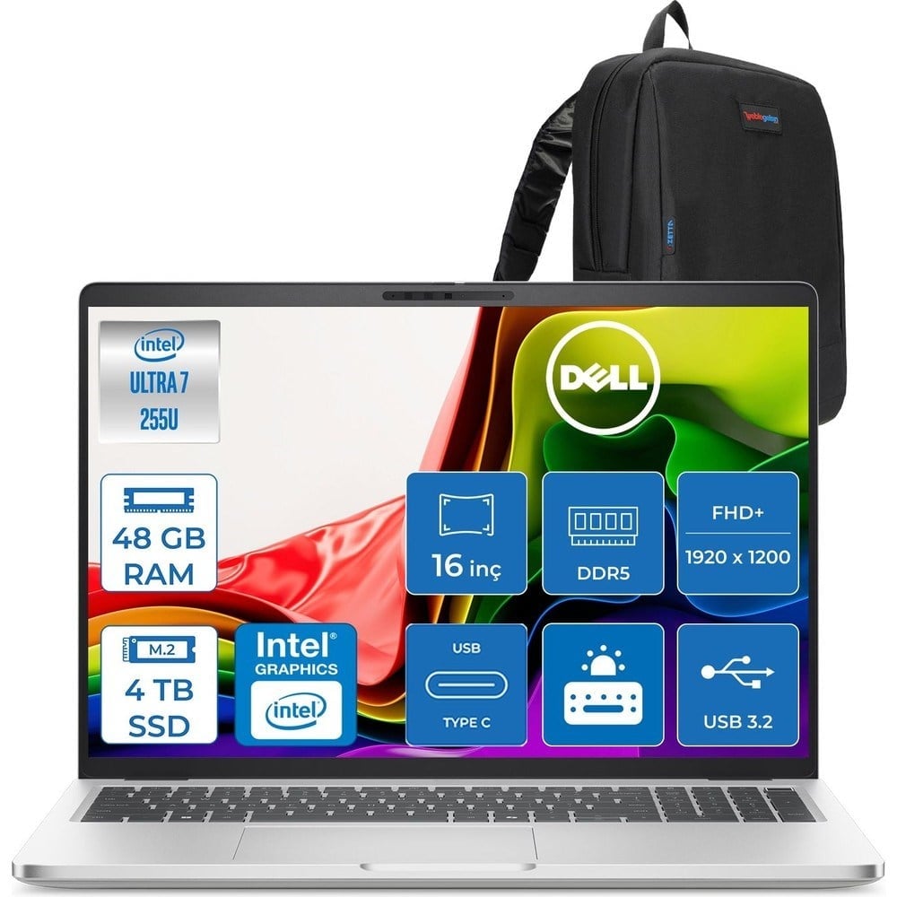 Dell Pro 16 Intel Core Ultra 7 255U 5.2ghz 48GB Ddr5 4tb SSD Freedos Intel® Aı Boost 16 Inç IPS Fullhd+ (1920X1200) Taşınabilir Bilgisayar PC16250BTO107F25 + Zetta Çanta