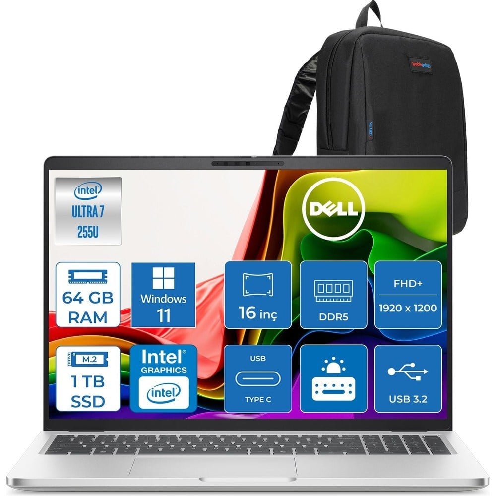 Dell Pro 16 Intel Core Ultra 7 255U 5.2ghz 64GB Ddr5 1tb SSD Windows 11 Pro Intel® Aı Boost 16 Inç IPS Fullhd+ (1920X1200) Taşınabilir Bilgisayar PC16250BTO107P28 + Zetta Çanta