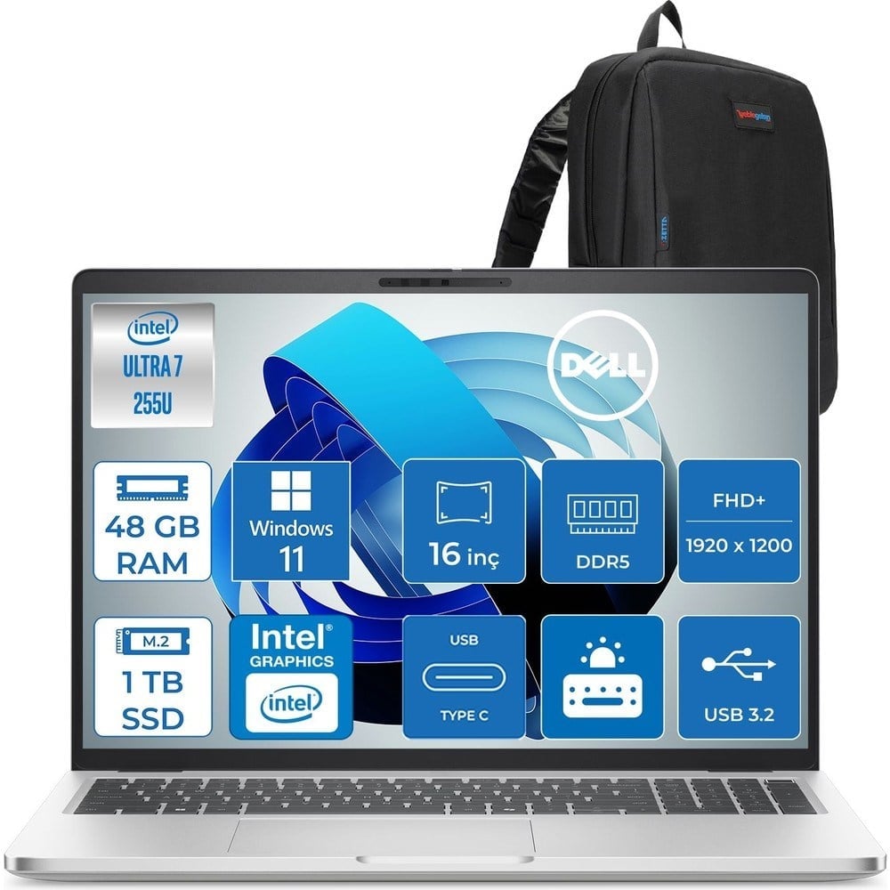 Dell Pro 16 Plus Intel Core Ultra 7 255U 5.2ghz 48GB Ddr5 1tb SSD Windows 11 Home Intel® Aı Boost 16 Inç IPS Fullhd+ (1920X1200) Taşınabilir Bilgisayar PB16250BTO105H23 + Zetta Çanta