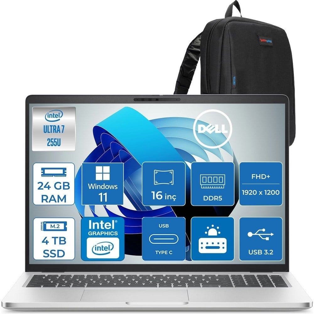 Dell Pro 16 Plus Intel Core Ultra 7 255U 5.2ghz 24GB Ddr5 4tb SSD Windows 11 Home Intel® Aı Boost 16 Inç IPS Fullhd+ (1920X1200) Taşınabilir Bilgisayar PB16250BTO105H10 + Zetta Çanta