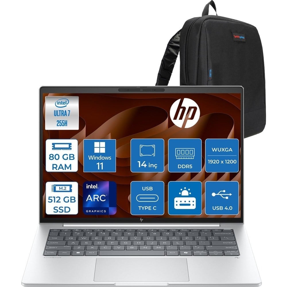 HP Elitebook 8G1I Intel Ultra7 255H 80GB Ddr5 512GB SSD Intel® Arc™ 140T Gpu Wuxga (1920X1200) IPS 300NIT WIN11PRO Taşınabilir Bilgisayar AD3S5ETP27+ZETTAÇANTA