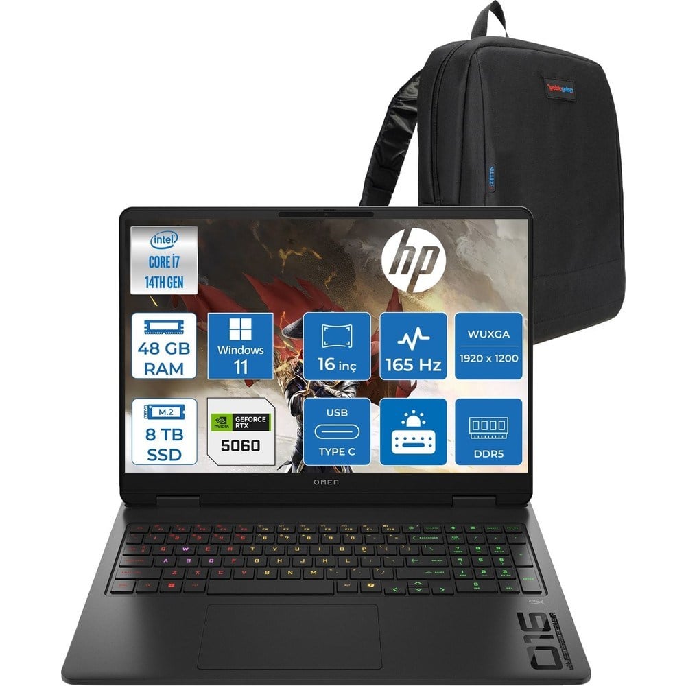 HP Omen 16-AM0016NT Intel Core I7 14650HX 48GB Ddr5 8tb SSD RTX5060 Gddr7 8gb Windows 11 Pro 16 Inç Wuxga (1920 x 1200) 165HZ 3ms 400NIT 100% Srgb Taşınabilir Bilgisayar WBQ3R2EAP30 + Zetta Çanta