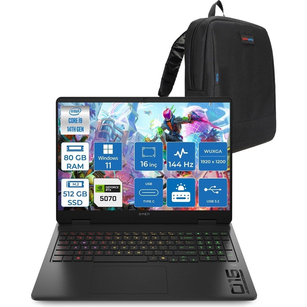 HP Omen 16-AM0031NT Intel Core I9 14900HX 80GB Ddr5 512GB SSD RTX5070 8gb Gddr7 Windows 11 Pro 16 Inç Wuxga (1920X1200) 144Hz 300NITS IPS Taşınabilir Bilgisayar C39J4EAP37 + Zetta Çanta