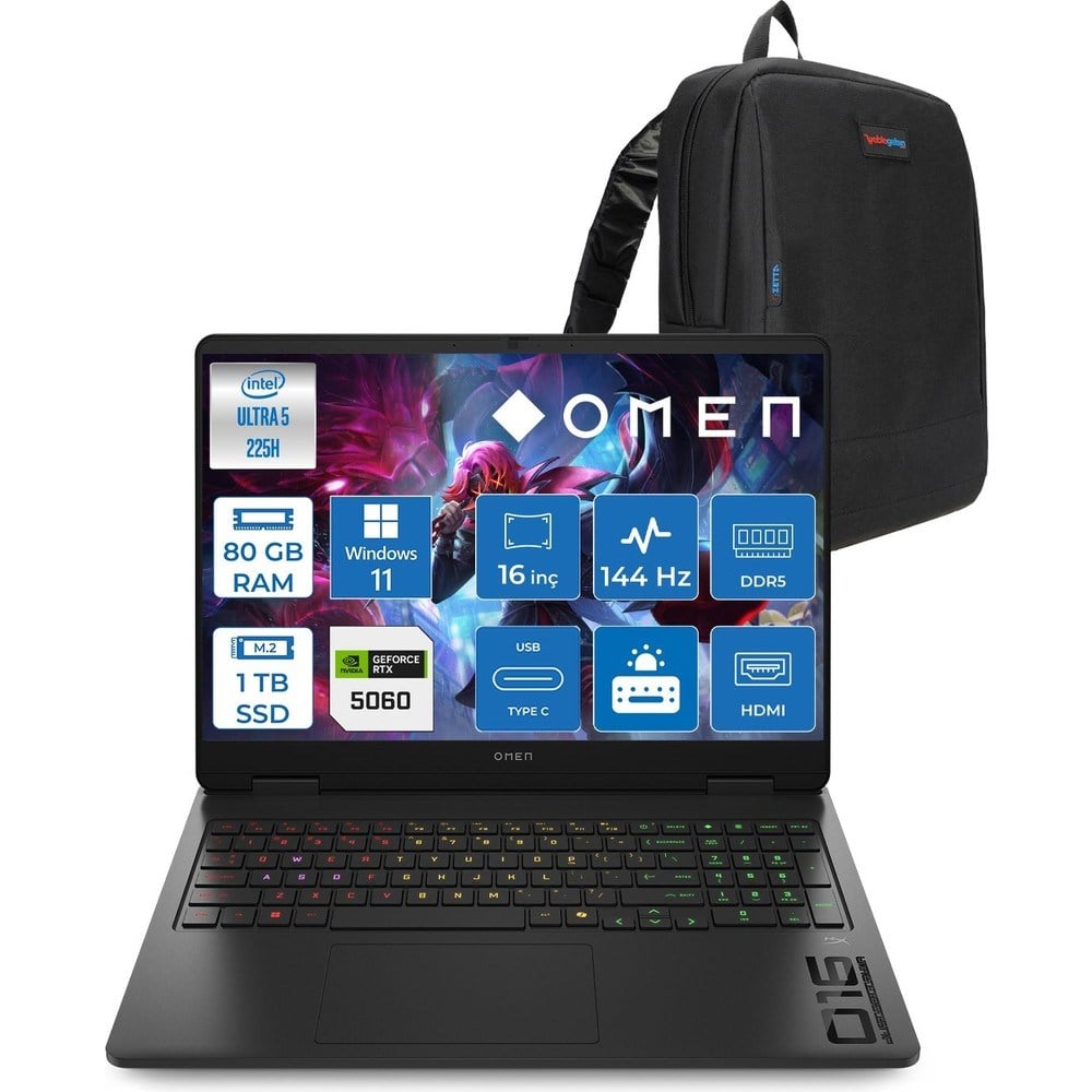 HP Omen 16-AM0037NT Intel Core Ultra 5 225H 80GB Ddr5 1tb SSD RTX5060 8gb Gddr7 Windows 11 Home 16 Inç Wuxga (1920X1200) 144Hz 300NITS IPS Taşınabilir Bilgisayar C39JBEAH38 + Zetta Çanta