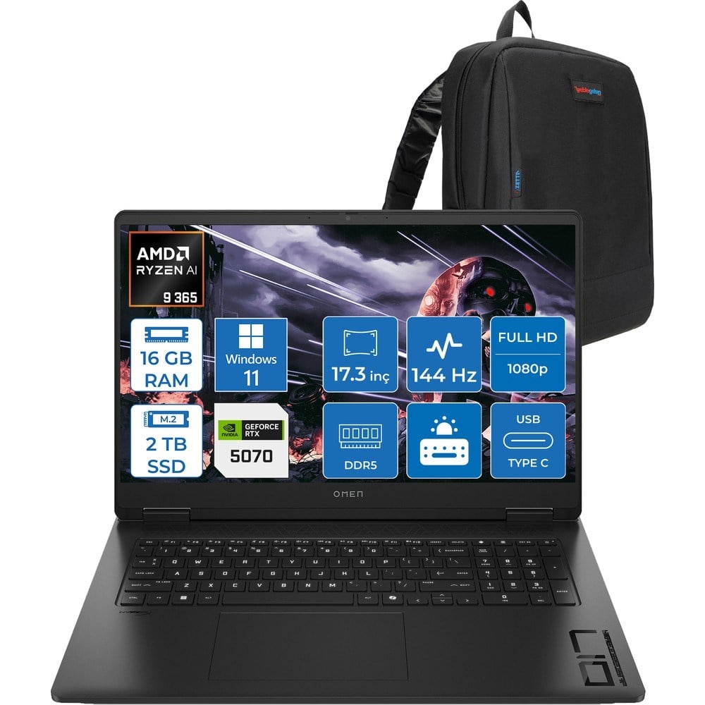 HP Omen 17-DB1003NT Amd Ryzen Aı 9 365 16GB Ddr5 2tb SSD RTX5070 8gb Gddr7 17.3 Inç Fullhd (1920 x 1080) 144Hz 7ms 300NITS IPS Windows 11 Pro Taşınabilir Bilgisayar C67G1EAP03 + Zetta Çanta