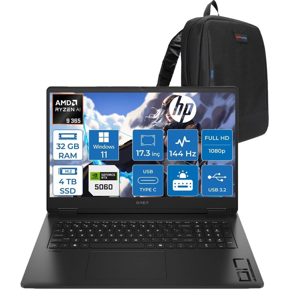 HP Omen 17-DB1022NT Amd Ryzen Aı 9 365 32GB Ddr5 4tb SSD Windows 11 Home RTX5060 8gb Gddr6 17.3 Inç Fullhd (1920 x 1080) 144Hz 7ms 300NITS IPS Taşınabilir Bilgisayar CD5N2EAH16 + Zetta Çanta
