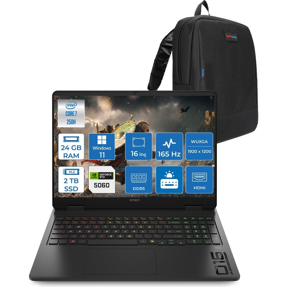 HP Omen Gaming Laptop Intel Core 7 250H Aı 24GB Ddr5 2tb SSD 8GB/RTX5060 Gddr7 16