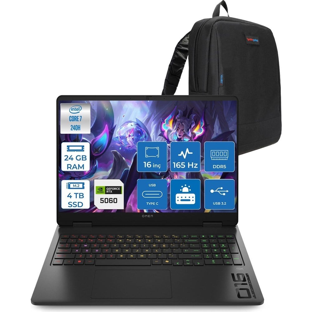 HP Omen W16-AM0017NT Intel Core 7 240H 24GB Ddr5 4tb SSD Freedos RTX5060 8gb Gddr7 16 Inc Wuxga (1920 x 1200) IPS 165HZ 3ms 400NITS 100% Srgb Gaming Laptop WBQ1Z0EAF12 + Zetta Çanta
