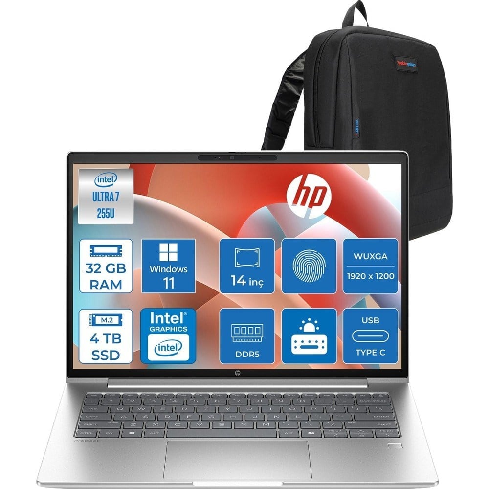 HP Probook 4 G1I Intel Ultra7 255U 32GB Ddr5 4tb SSD 14 Inch Intel® Grafik Gpu Wuxga (1920X1200) IPS 300NIT WIN11PRO Taşınabilir Bilgisayar D21PDETP15+ZETTAÇANTA